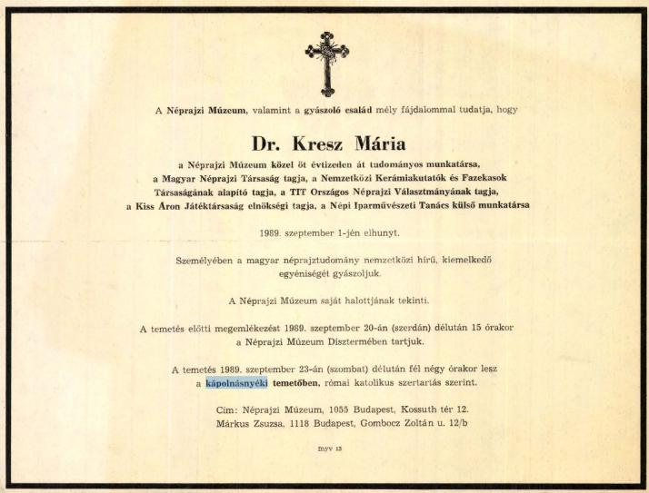 Kresz Mária gyászjelentés