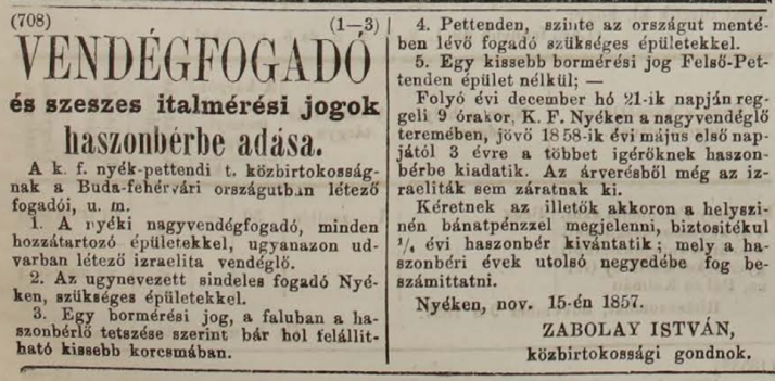Hirdetés 1857-ből, Kápolnásnyék, Nagyvendéglő, Szénásy Mihály